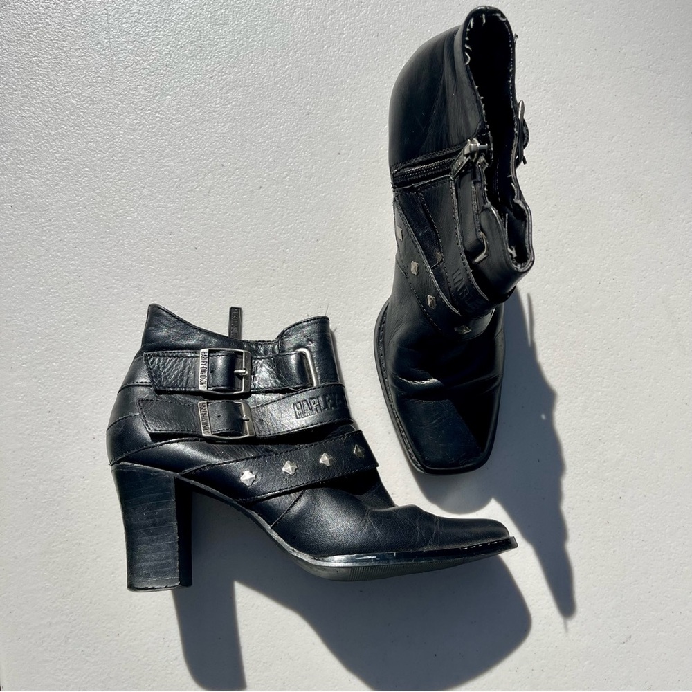 Harley Davidson Black Leather Ankle Boot Heels Buckle 3” Size 7